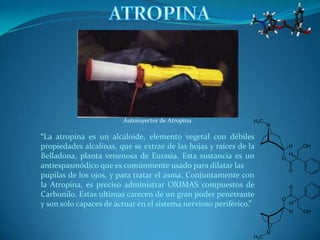 Autoinyector de Atropina

“La atropina es un alcaloide, elemento vegetal con débiles
propiedades alcalinas, que se extrae de las hojas y raíces de la
Belladona, planta venenosa de Eurasia. Esta sustancia es un
antiespasmódico que es comúnmente usado para dilatar las
pupilas de los ojos, y para tratar el asma. Conjuntamente con
la Atropina, es preciso administrar OXIMAS compuestos de
Carbonilo. Estas ultimas carecen de un gran poder penetrante
y son solo capaces de actuar en el sistema nervioso periférico.”
 