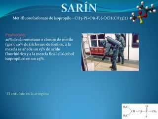 Metilfluorofosfonato de isopropilo - CH3-P(=O)(-F)(-OCH(CH33)2)



Producción:
20% de clorometano o cloruro de metilo
(gas), 40% de tricloruro de fosforo, a la
mezcla se añade un 15% de acido
fluorhídrico y a la mezcla final el alcohol
isopropilico en un 25%.




El antídoto es la atropina
 