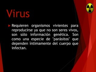 Virus


Requieren organismos vivientes para
reproducirse ya que no son seres vivos,
son sólo información genética. Son
como una especie de "parásitos" que
dependen íntimamente del cuerpo que
infectan.

 