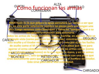 Como funcionan las armas

  MARTILLO: Es lo que golpea la aguja percutora (ya vamos a ver que
  es, en esta parte solamente nombro las piezas para que tengan una
 idea. Luego veremos como funcionan y todos los “porque”) que a su
                  vez golpea la munición para detonarla.
Todas las armas de fuego portátiles tienen martillo: en algunas se lo ve
  a simple vista (como por ej en los revólveres), mientras que en otras
 esta oculto y el tirador no tiene acceso a el (como por ej en los fusiles
   de asalto como el M-16) EMPUÑADURA: Es la pieza que sirve para
  agarrar el arma cómodamente. En el caso de las armas cortas (como
  por ej pistolas o revólveres) es lo que agarra la mano, y en las armas
 largas…también!, solo que estas cuentan también con una pieza que
sirve básicamente para que el arma se apoye en el hombro del tirador.
                   Esto sirve para darle más estabilidad.
 