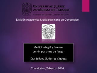 División Académica Multidisciplinaria de Comalcalco. 
Medicina legal y forense. 
Lesión por arma de fuego. 
Dra. Juliana Gutiérrez Vázquez 
Comalcalco, Tabasco, 2014. 
 