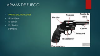 ARMAS DE FUEGO
► PARTES DEL REVOLVER
► Armadura
► El cañón
► El cilindro
(tambor)
 