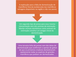 A explicação para a falta de domesticação de
 mamíferos fora da eurásia esta nos mamíferos
selvagens disponíveis na região e não nos povos.




  Um segundo tipo de prova para essa mesma
 interpretação vem dos animais de estimação.
 Manter animais domésticos como animais de
    estimação constitui um estagio inicial da
                domesticação.




 Uma terceira linha de provas vem das datas de
domesticação que confirmam a opniao de galton
  de que os primeiros criadores domesticaram
   rapidamente todas as espécies de grandes
   mamíferos que podiam ser domesticadas.
 