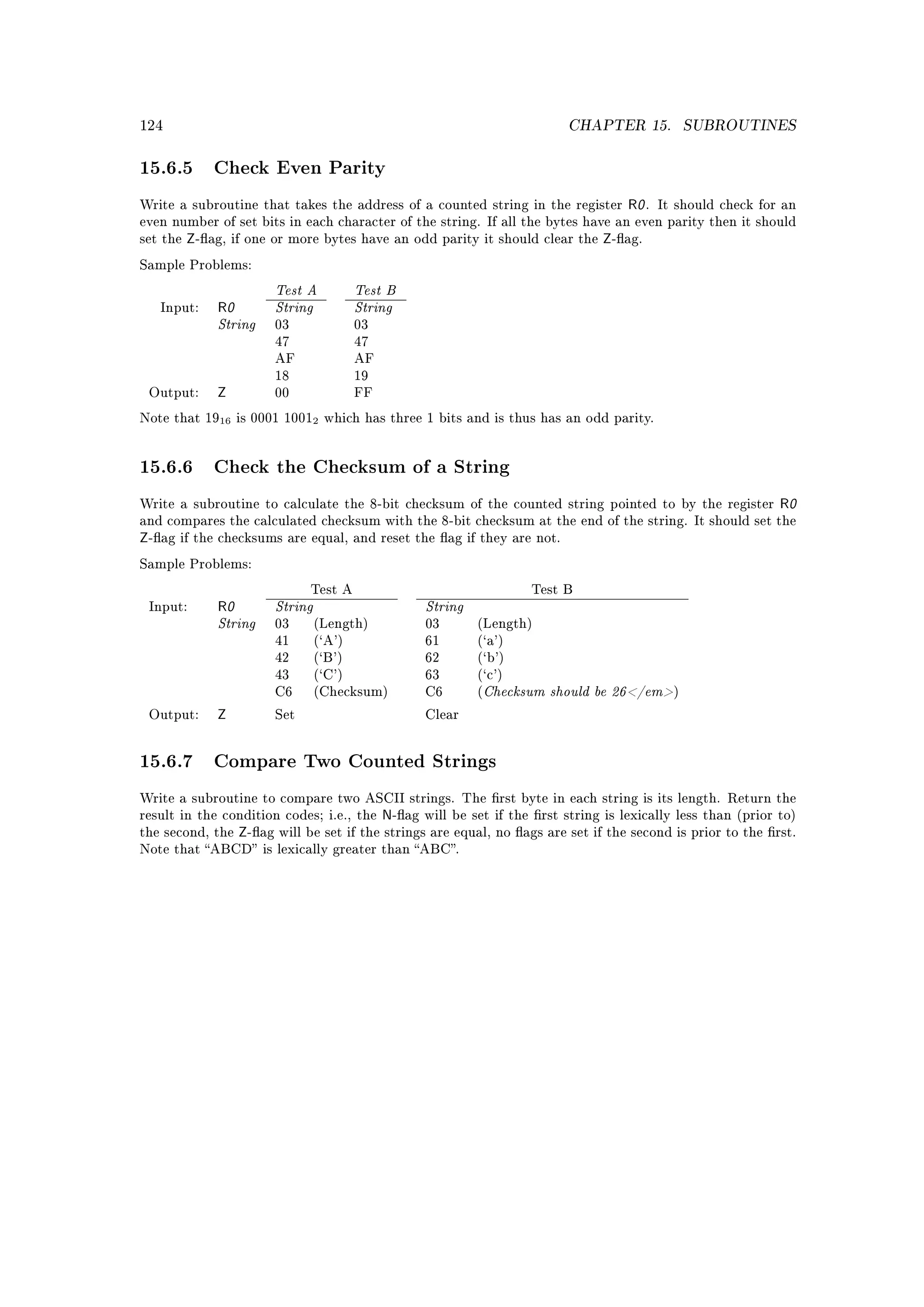 124                                                                        CHAPTER 15.            SUBROUTINES


15.6.5 Check Even Parity
Write a subroutine that takes the address of a counted string in the register        R0 .   It should check for an
even number of set bits in each character of the string. If all the bytes have an even parity then it should
set the   Z-ag, if one or more bytes have an odd parity it should clear the Z-ag.
Sample Problems:

                         Test A           Test B
              R0         String           String
              String
   Input:
                         03               03
                         47               47
                         AF               AF
                         18               19
 Output:      Z          00               FF

Note that 1916 is 0001 10012 which has three 1 bits and is thus has an odd parity.




15.6.6 Check the Checksum of a String
Write a subroutine to calculate the 8-bit checksum of the counted string pointed to by the register            R0
and compares the calculated checksum with the 8-bit checksum at the end of the string. It should set the
Z-ag if the checksums are equal, and reset the ag if they are not.
Sample Problems:



                         String                    String
                               Test A                               Test B
              R0
              String
 Input:
                         03       (Length)         03       (Length)
                         41       (`A')            61       (`a')
                         42       (`B')            62       (`b')


                                                             Checksum should be 26/em
                         43       (`C')            63       (`c')
                         C6       (Checksum)       C6       (                                 )

 Output:      Z          Set                       Clear




15.6.7 Compare Two Counted Strings
Write a subroutine to compare two ASCII strings. The rst byte in each string is its length. Return the
result in the condition codes; i.e., the   N-ag will be set if the rst string is lexically less than (prior to)
the second, the    Z-ag will be set if the strings are equal, no ags are set if the second is prior to the rst.
Note that ABCD is lexically greater than ABC.
 