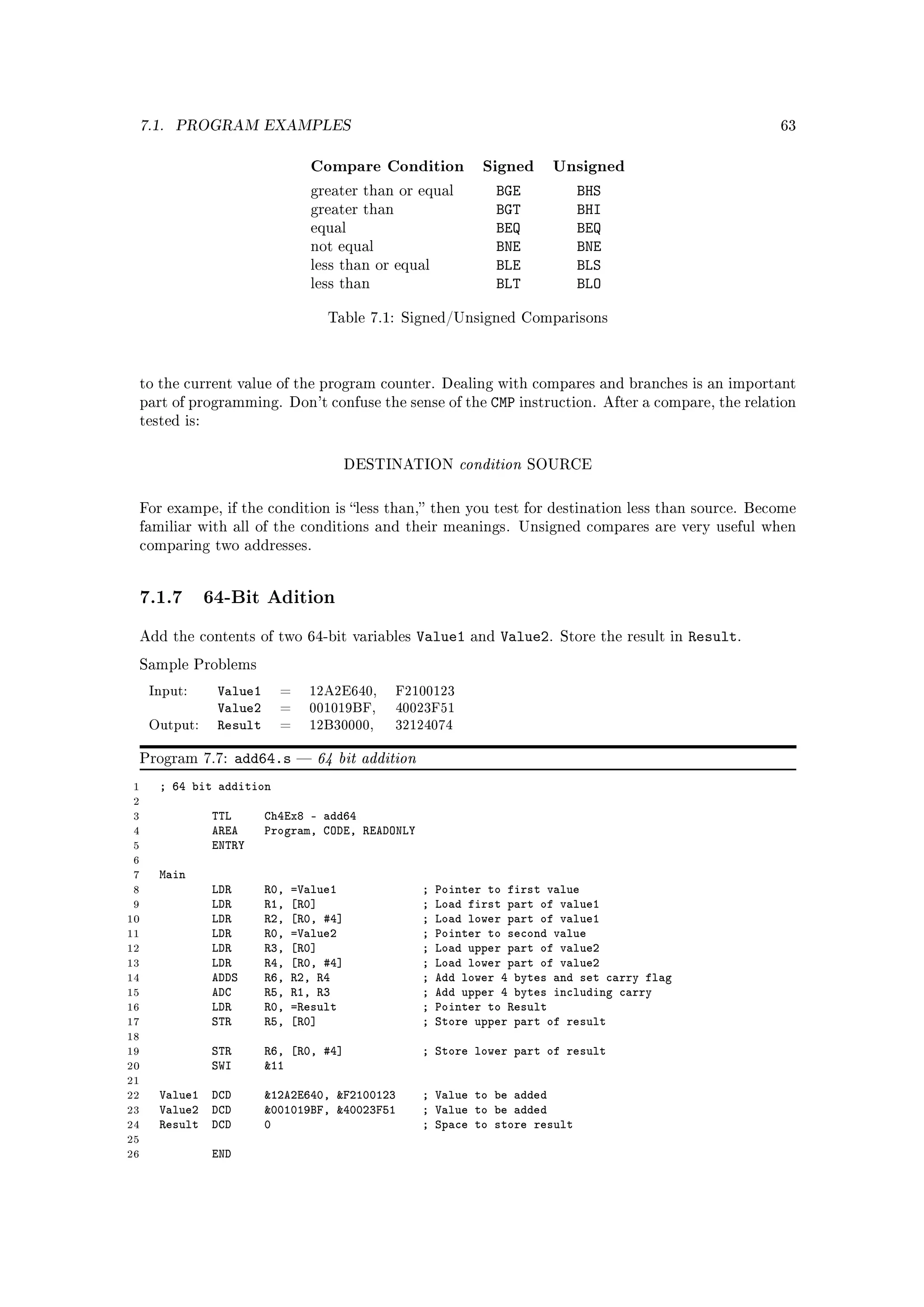 7.1.    PROGRAM EXAMPLES                                                                                       63


                                 Compare Condition              Signed      Unsigned
                                 greater than or equal              BGE         BHS
                                 greater than                       BGT         BHI
                                 equal                              BEQ         BEQ
                                 not equal                          BNE         BNE
                                 less than or equal                 BLE         BLS
                                 less than                          BLT         BLO

                                    Table 7.1: Signed/Unsigned Comparisons




 to the current value of the program counter. Dealing with compares and branches is an important
 part of programming. Don't confuse the sense of the             CMP instruction.     After a compare, the relation
 tested is:



                                         DESTINATION        condition     SOURCE



 For exampe, if the condition is less than, then you test for destination less than source. Become
 familiar with all of the conditions and their meanings. Unsigned compares are very useful when
 comparing two addresses.




 7.1.7 64-Bit Adition
 Add the contents of two 64-bit variables            Value1   and   Value2.   Store the result in   Result.
 Sample Problems

     Input:    Value1     =     12A2E640,       F2100123
               Value2     =     001019BF,       40023F51
     Output:   Result     =     12B30000,       32124074


 Program 7.7:        add64.s      64 bit addition
 1    ; 64 bit addition
 2
 3             TTL      Ch4Ex8 - add64
 4             AREA     Program, CODE, READONLY
 5             ENTRY
 6
 7    Main
 8             LDR      R0,   =Value1                ;   Pointer to first value
 9             LDR      R1,   [R0]                   ;   Load first part of value1
10             LDR      R2,   [R0, #4]               ;   Load lower part of value1
11             LDR      R0,   =Value2                ;   Pointer to second value
12             LDR      R3,   [R0]                   ;   Load upper part of value2
13             LDR      R4,   [R0, #4]               ;   Load lower part of value2
14             ADDS     R6,   R2, R4                 ;   Add lower 4 bytes and set carry flag
15             ADC      R5,   R1, R3                 ;   Add upper 4 bytes including carry
16             LDR      R0,   =Result                ;   Pointer to Result
17             STR      R5,   [R0]                   ;   Store upper part of result
18
19             STR      R6, [R0, #4]                 ; Store lower part of result
20             SWI      11
21
22    Value1 DCD        12A2E640, F2100123         ; Value to be added
23    Value2 DCD        001019BF, 40023F51         ; Value to be added
24    Result DCD        0                            ; Space to store result
25
26             END
 
