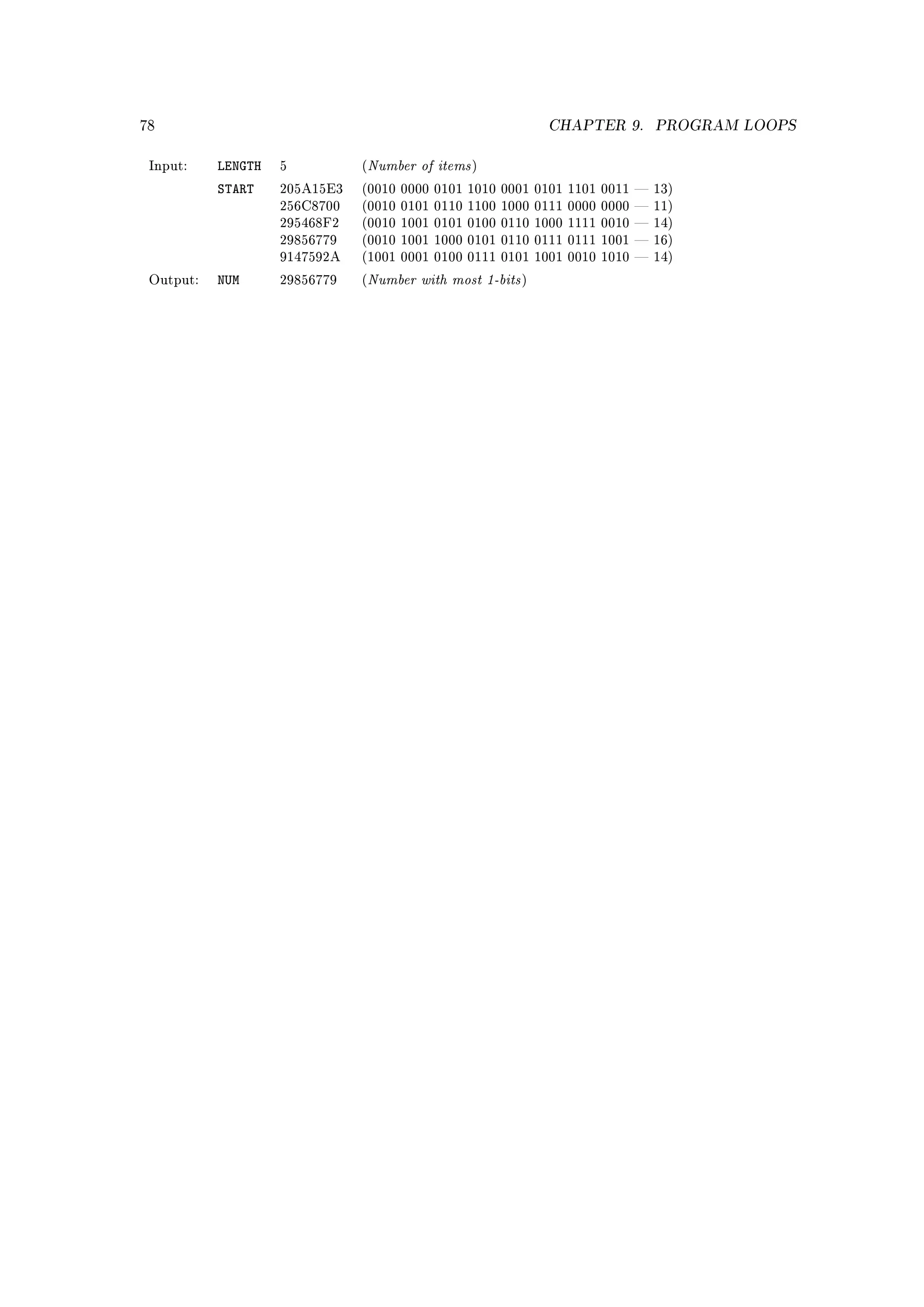 78                                                               CHAPTER 9.   PROGRAM LOOPS


 Input:    LENGTH   5          (   Number of items   )

           START    205A15E3   (0010 0000 0101 1010 0001 0101 1101 0011  13)
                    256C8700   (0010 0101 0110 1100 1000 0111 0000 0000  11)
                    295468F2   (0010 1001 0101 0100 0110 1000 1111 0010  14)
                    29856779   (0010 1001 1000 0101 0110 0111 0111 1001  16)
                    9147592A   (1001 0001 0100 0111 0101 1001 0010 1010  14)

 Output:   NUM      29856779   (   Number with most 1-bits   )
 