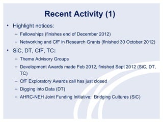 Recent Activity (1)
• Highlight notices:
   – Fellowships (finishes end of December 2012)
   – Networking and CfF in Research Grants (finished 30 October 2012)
• SiC, DT, CfF, TC:
   – Theme Advisory Groups
   – Development Awards made Feb 2012, finished Sept 2012 (SiC, DT,
     TC)
   – CfF Exploratory Awards call has just closed
   – Digging into Data (DT)
   – AHRC-NEH Joint Funding Initiative: Bridging Cultures (SiC)
 