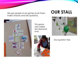 OUR STALL
This game
was called
the diamond
nine.
Our question tree
We got people to do games to let them
make choices and ask questions.
 