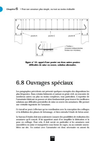 Figure n° 54: appui d’une poutre sur deux autres poutres
difficultés de mise en œuvre, solution alternative.
6.8 Ouvrages spéciaux
Les paragraphes précédents ont présenté quelques exemples des dispositions les
plus fréquentes. Dans certains bâtiments et surtout en génie civil, on rencontre de
nombreux autres cas plus ou moins complexes, tous particuliers. L’expertise de
l’armaturier fabricant ou poseur est alors fondamentale pour trouver les meilleures
solutions aux difficultés potentielles de mise en œuvre des armatures. Elle permet
une véritable ingénierie de l’armature.
Ce travail ne peut s’effectuer qu’en coordination avec la conception des coffrages
et la définition des phases de bétonnage, et bien entendu l’étude de béton armé.
Le bureau d’études doit non seulement s’assurer des possibilités de réalisation des
armatures qu’il conçoit. Il lui appartient aussi d’en simplifier la fabrication et la
pose en coffrage. Pour cela, il doit savoir en particulier si les armatures sont
assemblées en usine et transportées sous forme de cages, ou au contraire assem-
blées sur site. Un contact avec l’armaturier est donc nécessaire en amont du
Chapitre • Pour une armature plus simple, ou tout au moins réalisable
6
106
poutre A poutre C poutre B
« Tirettes »
(crosses indépendantes
livrées non montées)
 