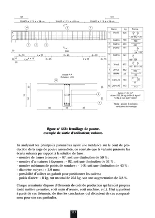 Figure n° 55B: ferraillage de poutre,
exemple de sortie d’ordinateur, variante.
En analysant les principaux paramètres ayant une incidence sur le coût de pro-
duction de la cage de poutre assemblée, on constate que la variante présente les
écarts suivants par rapport à la solution de base:
– nombre de barres à couper: – 87, soit une diminution de 50 %;
– nombre d’armatures à façonner: – 82, soit une diminution de 51 %;
– nombre minimum de points de soudure: – 148, soit une diminution de 43 %;
– diamètre moyen: + 2,9 mm;
– possibilité d’utiliser un gabarit pour positionner les cadres;
– poids d’acier: + 8 kg, sur un total de 232 kg, soit une augmentation de 3,8 %.
Chaque armaturier dispose d’éléments de coût de production qui lui sont propres
(coût matière première, coût main d’œuvre, coût machine, etc.). Il lui appartient
à partir de ces éléments, de tirer les conclusions qui découlent de ces comparai-
sons pour son cas particulier.
117
3hA20
Barre Lg Forme
3HA20
3HA16
3HA10
3HA10
3HA8
2HA8
18HA6
43HA10
28HA10
béton =1,04 m3
760
135° 135°
862
3
2
3
2
493
124
124
135°
135°
135° 135°
851
852
33
17
113
35
920
760
493
141
141
877
852
33
183
113
1
6
1
6
1
2
1
2
1
2
3
4
5
6
7
8
9
10
Acier=239,34 kg d=164,8 kg/m3
Fi=12,9 mm Cof=10,0m2
Nota : ajouter 5 épingles
verticales de montage
70
50
20
50
20
coupe A-A
Échelle= 1/20
80 80
25
10
26
20
134
8 x 10
4 x 15 4 x 15
4 x 20 6 x 40 4 x 20
2 x 25 2 x 25
11HA10 x 1,13 e = 24 cm 11HA10 x 1,13 e = 24 cm
3HA10 x 1,13 e = 89 cm
101 101
10
10
1 2 3
6 7
8
9
A
A
30 800
 