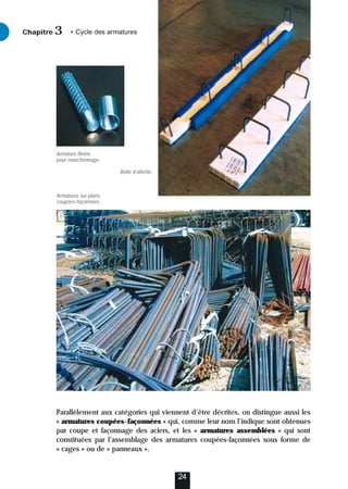 Parallèlement aux catégories qui viennent d’être décrites, on distingue aussi les
« armatures coupées-façonnées » qui, comme leur nom l’indique sont obtenues
par coupe et façonnage des aciers, et les « armatures assemblées » qui sont
constituées par l’assemblage des armatures coupées-façonnées sous forme de
« cages » ou de « panneaux ».
24
Chapitre • Cycle des armatures
3
Armature filetée
pour manchonnage.
Boîte d’attente.
Armatures sur plans
coupées-façonnées.
 