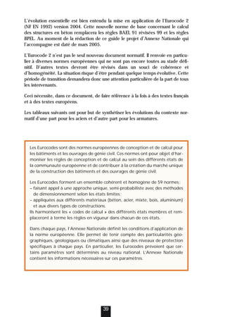 L’évolution essentielle est bien entendu la mise en application de l’Eurocode 2
(NF EN 1992) version 2004. Cette nouvelle norme de base concernant le calcul
des structures en béton remplacera les règles BAEL 91 révisées 99 et les règles
BPEL. Au moment de la rédaction de ce guide le projet d’Annexe Nationale qui
l’accompagne est daté de mars 2005.
L’Eurocode 2 n’est pas le seul nouveau document normatif. Il renvoie en particu-
lier à diverses normes européennes qui ne sont pas encore toutes au stade défi-
nitif. D’autres textes devront être révisés dans un souci de cohérence et
d’homogénéité. La situation risque d’être pendant quelque temps évolutive. Cette
période de transition demandera donc une attention particulière de la part de tous
les intervenants.
Ceci nécessite, dans ce document, de faire référence à la fois à des textes français
et à des textes européens.
Les tableaux suivants ont pour but de synthétiser les évolutions du contexte nor-
matif d’une part pour les aciers et d’autre part pour les armatures.
39
Les Eurocodes sont des normes européennes de conception et de calcul pour
les bâtiments et les ouvrages de génie civil. Ces normes ont pour objet d’har-
moniser les règles de conception et de calcul au sein des différents états de
la communauté européenne et de contribuer à la création du marché unique
de la construction des bâtiments et des ouvrages de génie civil.
Les Eurocodes forment un ensemble cohérent et homogène de 59 normes:
– faisant appel à une approche unique, semi-probabiliste avec des méthodes
de dimensionnement selon les états limites;
– appliquées aux différents matériaux (béton, acier, mixte, bois, aluminium)
et aux divers types de constructions.
Ils harmonisent les « codes de calcul » des différents états membres et rem-
placeront à terme les règles en vigueur dans chacun de ces états.
Dans chaque pays, l’Annexe Nationale définit les conditions d’application de
la norme européenne. Elle permet de tenir compte des particularités géo-
graphiques, géologiques ou climatiques ainsi que des niveaux de protection
spécifiques à chaque pays. En particulier, les Eurocodes prévoient que cer-
tains paramètres sont déterminés au niveau national. L’Annexe Nationale
contient les informations nécessaires sur ces paramètres.
 