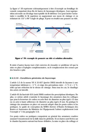 La figure n° 20 représente schématiquement à titre d’exemple un ferraillage de
console comportant deux lits de barres de façonnages identiques. Leur superpo-
sition nécessite un décalage inacceptable du lit inférieur. Ceci peut inciter l’arma-
turier à modifier le lit supérieur en augmentant son rayon de cintrage et en
réduisant de 135° à 90° l’angle de pliage. Il peut en résulter une poussée au vide.
Il existe d’autres façons tout à fait correctes de résoudre ce problème tel que la
mise en place d’épingles complémentaires, ou le remplacement des crosses par
des boucles à plat.
4.3.3.9 - Conditions générales de façonnage
L’article 5.2 de la norme NF A 35-027 (janvier 2003) interdit de façonner à une
température inférieure à – 5 °C, et exige des précautions entre – 5 °C et + 5 °C,
telles qu’une réduction de la vitesse de cintrage. Dans tous les cas, le chauffage
des aciers est interdit.
L’article 62 du fascicule 65A (août 2000) contient des prescriptions identiques. De
plus, ce même article n’autorise le façonnage des armatures dans les coffrages
que pour la fermeture de cadres en acier lisse de diamètre au plus égal à 12 mm
ou en acier à haute adhérence de diamètre au plus égal à 8 mm. En pratique le
cintrage des armatures en place est souvent adopté dans les ponts-cadres et les
portiques. Le guide de conception du SETRA (Service d’Études Techniques des
Routes et Autoroutes du Ministère de l’Équipement) l’admet explicitement (voir
l’exemple n° 3 du paragraphe 5.3).
Ces ponts cadres ou portiques comportent en général des armatures coudées
assurant l’encastrement de la dalle dans les piédroits. Si ces barres sont livrées sur
le chantier façonnées suivant leur forme définitive, la mise en place du coffrage et
57
Figure n° 20: exemple de poussée au vide et solution alternative.
INCORRECT
barres identiques INCORRECT
CORRECT
épingles
CORRECT
boucles ou U
disposés à plat
 