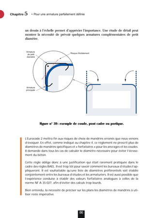 un dessin à l’échelle permet d’apprécier l’importance. Une étude de détail peut
montrer la nécessité de prévoir quelques armatures complémentaires de petit
diamètre.
Figure n° 39: exemple de coude, pont cadre ou portique.
L’Eurocode 2 mettra fin aux risques de choix de mandrins erronés que nous venons
d’évoquer. En effet, comme indiqué au chapitre 4, ce règlement ne prescrit plus de
diamètres de mandrins spécifiques et « forfaitaires » pour les ancrages et les coudes.
Il demande dans tous les cas de calculer le diamètre nécessaire pour éviter l’écrase-
ment du béton.
Cette règle oblige donc à une justification qui était rarement pratiquée dans le
cadre des règles BAEL. Il est trop tôt pour savoir comment les bureaux d’études l’ap-
pliqueront. Il est souhaitable qu’une liste de diamètres préférentiels soit établie
conjointement entre les bureaux d’études et les armaturiers. Il est aussi possible que
l’expérience conduise à établir des valeurs forfaitaires analogues à celles de la
norme NF A 35-027, afin d’éviter des calculs trop lourds.
Bien entendu, la nécessité de préciser sur les plans les diamètres de mandrins à uti-
liser reste impérative.
Chapitre • Pour une armature parfaitement définie
5
86
Armature
de petit
diamètre
Risque d'éclatement
Armature
principale
 