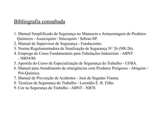 Bibliografia consultada
1. Manual Simplificado de Segurança no Manuseio e Armazenagem de Produtos
Químicos - Associquim / Sincoquim / Sebrae-SP.
2. Manual de Supervisor de Segurança - Fundacentro.
3. Norma Regulamentadora de Sinalização de Segurança No 26 (NR-26).
4. Emprego de Cores Fundamentais para Tubulações Industriais - ABNT
- NB54/80
5. Apostila do Curso de Especialização de Segurança do Trabalho - UFBA.
6. Manual para Atendimento de emergências com Produtos Perigosos - Abiquim /
Pró-Química.
7. Manual de Prevenção de Acidentes - José de Segadas Vianna.
8. Técnicas de Segurança do Trabalho - Leonídio E. R. Filho
9. Cor na Segurança do Trabalho - ABNT - NB76
 