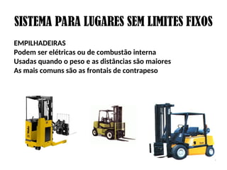 SISTEMA PARA LUGARES SEM LIMITES FIXOS
EMPILHADEIRAS
Podem ser elétricas ou de combustão interna
Usadas quando o peso e as distâncias são maiores
As mais comuns são as frontais de contrapeso
 