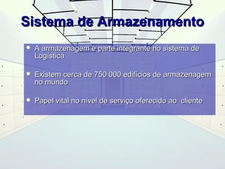 SSiisstteemmaa ddee AArrmmaazzeennaammeennttoo 
 A armazenagem é parte integrante nnoo ssiisstteemmaa ddee 
LLooggííssttiiccaa 
 EExxiisstteemm cceerrccaa ddee 775500 000000 eeddiiffíícciiooss ddee aarrmmaazzeennaaggeemm 
nnoo mmuunnddoo 
 PPaappeell vviittaall nnoo nníívveell ddee sseerrvviiççoo ooffeerreecciiddoo aaoo cclliieennttee 
 
