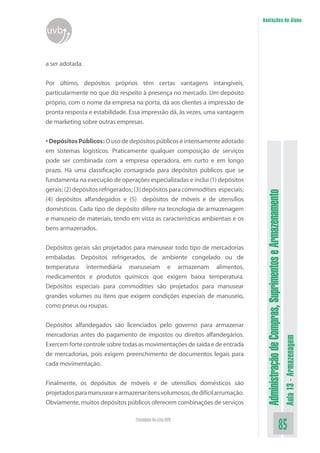 AdministraçãodeCompras,SuprimentoseArmazenamento
Aula13-Armazenagem
85Faculdade On-Line UVB
Anotações do Aluno
uvb
a ser adotada.
Por último, depósitos próprios têm certas vantagens intangíveis,
particularmente no que diz respeito à presença no mercado. Um depósito
próprio, com o nome da empresa na porta, dá aos clientes a impressão de
pronta resposta e estabilidade. Essa impressão dá, às vezes, uma vantagem
de marketing sobre outras empresas.
•DepósitosPúblicos:Ousodedepósitospúblicoséintensamenteadotado
em sistemas logísticos. Praticamente qualquer composição de serviços
pode ser combinada com a empresa operadora, em curto e em longo
prazo. Há uma classificação consagrada para depósitos públicos que se
fundamenta na execução de operações especializadas e inclui (1) depósitos
gerais; (2) depósitos refrigerados; (3) depósitos para commodities especiais;
(4) depósitos alfandegados e (5) depósitos de móveis e de utensílios
domésticos. Cada tipo de depósito difere na tecnologia de armazenagem
e manuseio de materiais, tendo em vista as características ambientais e os
bens armazenados.
Depósitos gerais são projetados para manusear todo tipo de mercadorias
embaladas. Depósitos refrigerados, de ambiente congelado ou de
temperatura intermediária manuseiam e armazenam alimentos,
medicamentos e produtos químicos que exigem baixa temperatura.
Depósitos especiais para commodities são projetados para manusear
grandes volumes ou itens que exigem condições especiais de manuseio,
como pneus ou roupas.
Depósitos alfandegados são licenciados pelo governo para armazenar
mercadorias antes do pagamento de impostos ou direitos alfandegários.
Exercem forte controle sobre todas as movimentações de saída e de entrada
de mercadorias, pois exigem preenchimento de documentos legais para
cada movimentação.
Finalmente, os depósitos de móveis e de utensílios domésticos são
projetadosparamanusearearmazenaritensvolumosos,dedifícilarrumação.
Obviamente, muitos depósitos públicos oferecem combinações de serviços
 