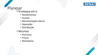 Planejar
• O estoque em si
• Recebimentos
• Guarda
• Movimentação interna
• Separação
• Distribuição
• Recursos
• Humanos
• Físicos
• Monetários
 