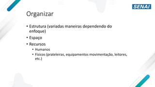 Organizar
• Estrutura (variadas maneiras dependendo do
enfoque)
• Espaço
• Recursos
• Humanos
• Físicos (prateleiras, equipamentos movimentação, leitores,
etc.)
 