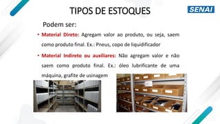 TIPOS DE ESTOQUES
• Material Direto: Agregam valor ao produto, ou seja, saem
como produto final. Ex.: Pneus, copo de liquidificador
• Material Indireto ou auxiliares: Não agregam valor e não
saem como produto final. Ex.: óleo lubrificante de uma
máquina, grafite de usinagem
Podem ser:
 