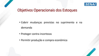 Objetivos Operacionais dos Estoques
• Cobrir mudanças previstas no suprimento e na
demanda
• Proteger contra incertezas
• Permitir produção e compra econômica
 