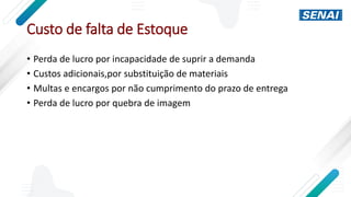 Custo de falta de Estoque
• Perda de lucro por incapacidade de suprir a demanda
• Custos adicionais,por substituição de materiais
• Multas e encargos por não cumprimento do prazo de entrega
• Perda de lucro por quebra de imagem
 
