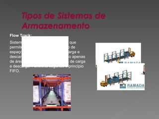 Flow Track: Sistema deslizante por gravidade que permite o máximo aproveitamento de espaço e uma maior rapidez de carga e descarga de paletes, necessitando apenas de áreas de circulação nas zonas de carga e descarga. Funciona segundo o princípio FIFO. 