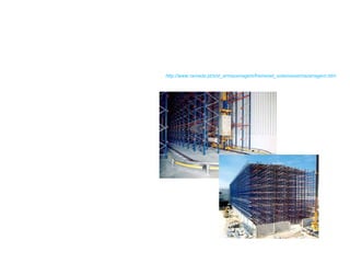 Armazéns Automáticos: Estrutura de armazenamento com alturas elevadas e armazenadores robotizados. A capacidade de armazenamento é, nestes casos, muito elevada e o  picking  totalmente mecanizado.  Autoportantes: Solução de execução rápida e funcional em que a própria estrutura de armazenamento forma a estrutura de suporte (cobertura e revestimento) de um edifício compacto.  in,  http://www.ramada.pt/sist_armazenagem/frameset_sistemasarmazenagem.htm 