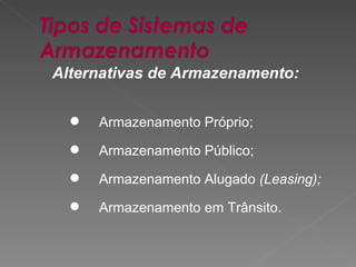 Alternativas de Armazenamento: Armazenamento Próprio; Armazenamento Público; Armazenamento Alugado  (Leasing); Armazenamento em Trânsito. 