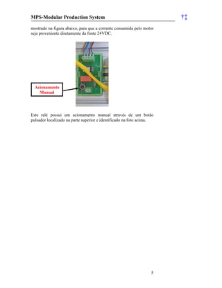 MPS-Modular Production System †‡
5
mostrado na figura abaixo, para que a corrente consumida pelo motor
seja proveniente diretamente da fonte 24VDC.
Este relé possui um acionamento manual através de um botão
pulsador localizado na parte superior e identificado na foto acima.
Acionamento
Manual
 