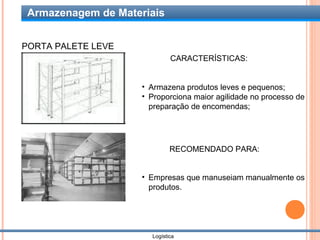 Armazenagem de Materiais


PORTA PALETE LEVE
                              CARACTERÍSTICAS:


                     • Armazena produtos leves e pequenos;
                     • Proporciona maior agilidade no processo de
                       preparação de encomendas;




                              RECOMENDADO PARA:


                     • Empresas que manuseiam manualmente os
                       produtos.




                       Logística
 