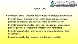 Estoques
• De matéria prima – insumos dos produtos em processo de fabricação
• De materiais em processamento – materiais ou componentes em
processo de produção (ex: as pás da hélice de um ventilador)
• De materiais semi-acabados –partes que irão compor uma peça do
produto (ex: fios e conectores do motor de um ventilador)
• De materiais acabados - peça ou parte de um produto (ex: o motor
do ventilador)
• De produtos acabados – produtos prontos (ex: ventilador)
 