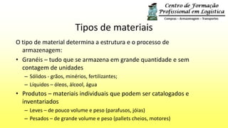 Tipos de materiais
O tipo de material determina a estrutura e o processo de
armazenagem:
• Granéis – tudo que se armazena em grande quantidade e sem
contagem de unidades
– Sólidos - grãos, minérios, fertilizantes;
– Líquidos – óleos, álcool, água
• Produtos – materiais individuais que podem ser catalogados e
inventariados
– Leves – de pouco volume e peso (parafusos, jóias)
– Pesados – de grande volume e peso (pallets cheios, motores)
 