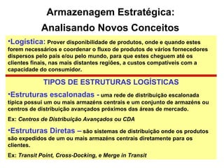 Armazenagem Estratégica:  Analisando Novos Conceitos   Logística:  Prover disponibilidade de produtos, onde e quando estes forem necessários e coordenar o fluxo de produtos de vários fornecedores dispersos pelo país e/ou pelo mundo, para que estes cheguem até os clientes finais, nas mais distantes regiões, a custos compatíveis com a capacidade do consumidor.   TIPOS DE ESTRUTURAS LOGÍSTICAS Estruturas escalonadas -  uma rede de distribuição escalonada típica possui um ou mais armazéns centrais e um conjunto de armazéns ou centros de distribuição avançados próximos das áreas de mercado.  Ex:  Centros de Distribuição Avançados ou CDA Estruturas Diretas –  são sistemas de distribuição onde os produtos são expedidos de um ou mais armazéns centrais diretamente para os clientes.  Ex:  Transit Point, Cross-Docking, e Merge in Transit   
