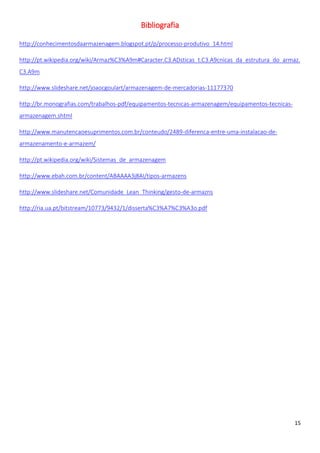Bibliografia

http://conhecimentosdaarmazenagem.blogspot.pt/p/processo-produtivo_14.html

http://pt.wikipedia.org/wiki/Armaz%C3%A9m#Caracter.C3.ADsticas_t.C3.A9cnicas_da_estrutura_do_armaz.
C3.A9m

http://www.slideshare.net/joaocgoulart/armazenagem-de-mercadorias-11177370

http://br.monografias.com/trabalhos-pdf/equipamentos-tecnicas-armazenagem/equipamentos-tecnicas-
armazenagem.shtml

http://www.manutencaoesuprimentos.com.br/conteudo/2489-diferenca-entre-uma-instalacao-de-
armazenamento-e-armazem/

http://pt.wikipedia.org/wiki/Sistemas_de_armazenagem

http://www.ebah.com.br/content/ABAAAA3j8AI/tipos-armazens

http://www.slideshare.net/Comunidade_Lean_Thinking/gesto-de-armazns

http://ria.ua.pt/bitstream/10773/9432/1/disserta%C3%A7%C3%A3o.pdf




                                                                                                   15
 