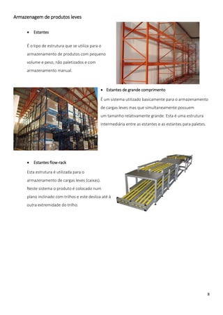 Armazenagem de produtos leves

        Estantes


     É o tipo de estrutura que se utiliza para o
     armazenamento de produtos com pequeno
     volume e peso, não paletizados e com
     armazenamento manual.



                                                Estantes de grande comprimento

                                               É um sistema utilizado basicamente para o armazenamento
                                               de cargas leves mas que simultaneamente possuem
                                               um tamanho relativamente grande. Esta é uma estrutura
                                               intermediária entre as estantes e as estantes para paletes.




        Estantes flow-rack

     Esta estrutura é utilizada para o
     armazenamento de cargas leves (caixas).
     Neste sistema o produto é colocado num
     plano inclinado com trilhos e este desliza até à
     outra extremidade do trilho.




                                                                                                             8
 