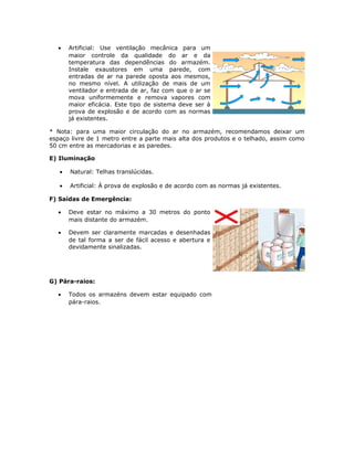 • Artificial: Use ventilação mecânica para um
maior controle da qualidade do ar e da
temperatura das dependências do armazém.
Instale exaustores em uma parede, com
entradas de ar na parede oposta aos mesmos,
no mesmo nível. A utilização de mais de um
ventilador e entrada de ar, faz com que o ar se
mova uniformemente e remova vapores com
maior eficácia. Este tipo de sistema deve ser à
prova de explosão e de acordo com as normas
já existentes.
* Nota: para uma maior circulação do ar no armazém, recomendamos deixar um
espaço livre de 1 metro entre a parte mais alta dos produtos e o telhado, assim como
50 cm entre as mercadorias e as paredes.
E) Iluminação
• Natural: Telhas translúcidas.
• Artificial: À prova de explosão e de acordo com as normas já existentes.
F) Saídas de Emergência:
• Deve estar no máximo a 30 metros do ponto
mais distante do armazém.
• Devem ser claramente marcadas e desenhadas
de tal forma a ser de fácil acesso e abertura e
devidamente sinalizadas.
G) Pára-raios:
• Todos os armazéns devem estar equipado com
pára-raios.
 