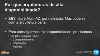 Por que arquiteturas de alta
disponibilidade?
•  EBS não é Multi-AZ, por definição. Mas pode ser
com a arquitetura certa!
•  Para conseguirmos alta disponibilidade, precisamos
nos preocupar com:
–  Compartilhamento
–  Replicação
–  Failover
 