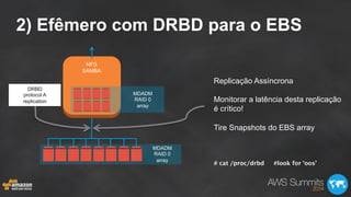 2) Efêmero com DRBD para o EBS
NFS
SAMBA
MDADM
RAID 0
array
MDADM
RAID 0
array
DRBD
protocol A
replication
Replicação Assíncrona
Monitorar a latência desta replicação
é crítico!
Tire Snapshots do EBS array
# cat /proc/drbd #look for ‘oos’
 