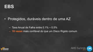EBS
•  Protegidos, duráveis dentro de uma AZ
–  Taxa Anual de Falha entre 0.1% – 0.5%
–  10 vezes mais confiável do que um Disco Rígido comum
 