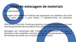 Mercado Varejista
Estocagem em Prateleiras: Produtos são organizados em prateleiras para fácil
acesso pelos clientes e para facilitar o reabastecimento em pequenas
quantidades.
FIFO (First In, First Out): Crucial para gerenciar produtos perecíveis ou de curta
vida útil, garantindo que os produtos mais antigos sejam vendidos primeiro.
Estocagem por Classificação ABC: Produtos são classificados com base na
demanda e valor, ajudando a priorizar o espaço de armazenamento e a gestão
de inventário de acordo com a importância dos produtos.
Tipos de estocagem de materiais
 