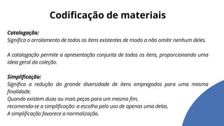 Catalogação:
Significa o arrolamento de todos os itens existentes de modo a não omitir nenhum deles.
A catalogação permite a apresentação conjunta de todos os itens, proporcionando uma
ideia geral da coleção.
Simplificação:
Significa a redução da grande diversidade de itens empregados para uma mesma
finalidade.
Quando existem duas ou mais peças para um mesmo fim,
recomenda-se a simplificação: a escolha pelo uso de apenas uma delas.
A simplificação favorece a normalização.
Codificação de materiais
 