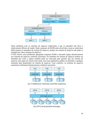 14
Outro problema com os sistemas de arquivos tradicionais é que os tamanhos são fixos e
relativamente difíceis de mudar. Onde conjuntos de RAID estão envolvidos, torna-se ainda mais
difícil ajustar os tamanhos do sistema de arquivos, porque um sistema de arquivos não pode se
estender por vários sistemas de arquivos.
O ZFS resolve esses problemas agrupando conjuntos RAID e alocando espaço dinamicamente
aos sistemas de arquivos conforme necessário. Os tamanhos do sistema de arquivos podem ser
limitados por cotas e espaço também pode ser reservado para garantir que um sistema de
arquivos será capaz de crescer mais tarde, mas esses parâmetros podem ser alterados a qualquer
momento pelo proprietário do sistema de arquivos. Caso contrário, os sistemas de arquivos
aumentam e diminuem dinamicamente conforme necessário.
 