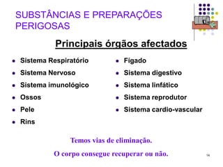 14
 Sistema Respiratório
 Sistema Nervoso
 Sistema imunológico
 Ossos
 Pele
 Rins
 Fígado
 Sistema digestivo
 Sistema linfático
 Sistema reprodutor
 Sistema cardio-vascular
Temos vias de eliminação.
O corpo consegue recuperar ou não.
SUBSTÂNCIAS E PREPARAÇÕES
PERIGOSAS
Principais órgãos afectados
 