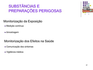 67
 Medição contínua
 Amostragem
Monitorização da Exposição
 Comunicação dos sintomas
 Vigilância médica
Monitorização dos Efeitos na Saúde
SUBSTÂNCIAS E
PREPARAÇÕES PERIGOSAS
 
