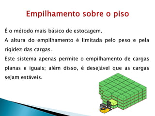 É o método mais básico de estocagem.
A altura do empilhamento é limitada pelo peso e pela
rigidez das cargas.
Este sistema apenas permite o empilhamento de cargas
planas e iguais; além disso, é desejável que as cargas
sejam estáveis.
 