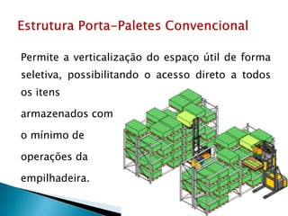 Permite a verticalização do espaço útil de forma
seletiva, possibilitando o acesso direto a todos
os itens
armazenados com
o mínimo de
operações da
empilhadeira.
 
