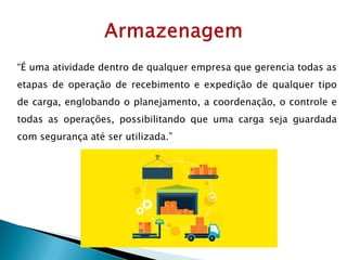 “É uma atividade dentro de qualquer empresa que gerencia todas as
etapas de operação de recebimento e expedição de qualquer tipo
de carga, englobando o planejamento, a coordenação, o controle e
todas as operações, possibilitando que uma carga seja guardada
com segurança até ser utilizada.”
 
