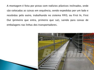 A montagem é feita por pistas com rodízios plásticos inclinados, onde
são colocadas as caixas em sequência, sendo expedidas por um lado e
recebidas pelo outro, trabalhando no sistema FIFO, ou First In, First
Out (primeiro que entra, primeiro que sai), saindo para caixas de
embalagens nas linhas dos transportadores.
 
